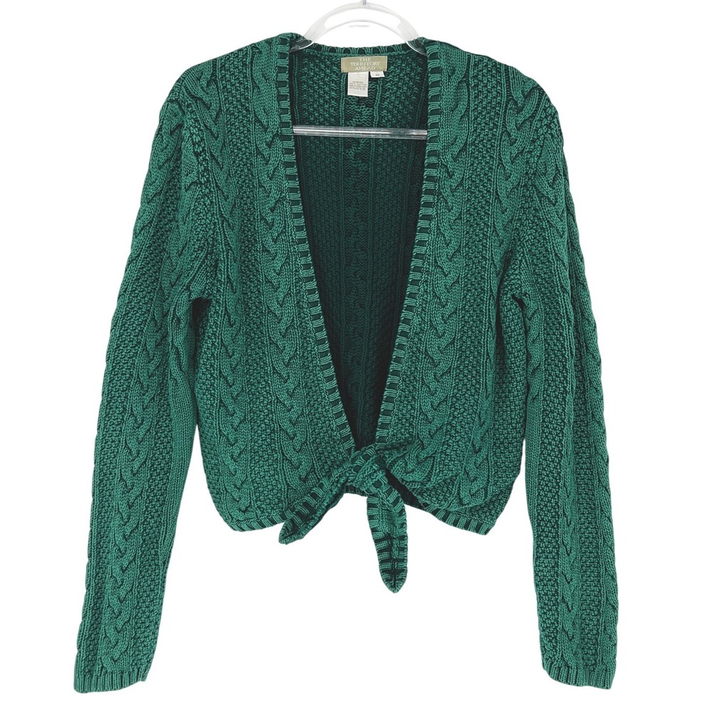 The Territory Ahead Cardigan Women M Green Cable Knit Tie Front Cropped Cotton